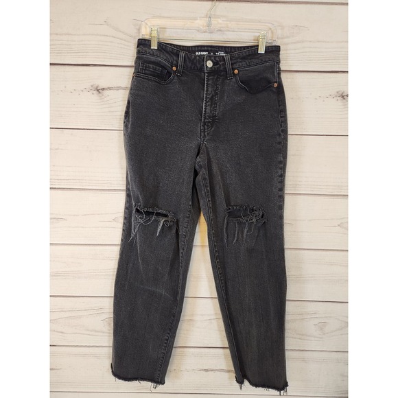 Old Navy Women's Black Stretch Solid High Rise Raw Hem Straight Leg Jeans Size 8 - Picture 1 of 7